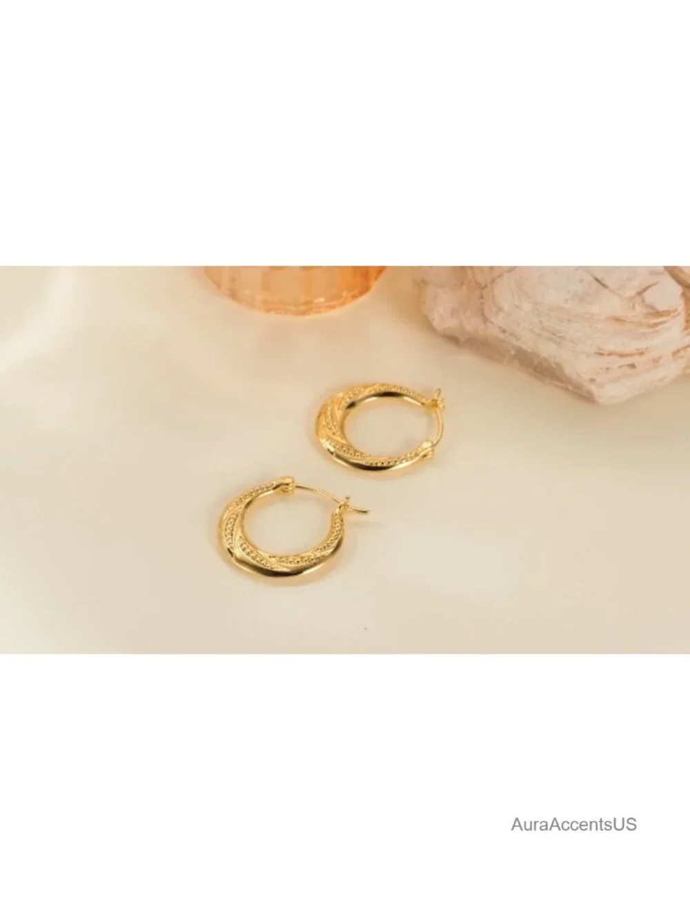 14K Gold Plated Hoop Earrings for Women Textured Bead Accents Hypoallergenic